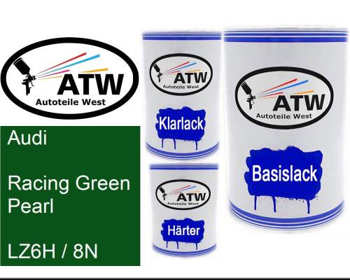 Audi, Racing Green Pearl, LZ6H / 8N: 500ml Lackdose + 500ml Klarlack + 250ml Härter - Set, von ATW Autoteile West.